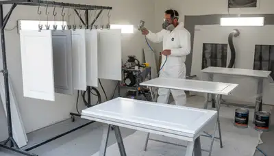 Professional cabinet painting in Cape Coral FL using spray techniques for smooth, durable kitchen finishes