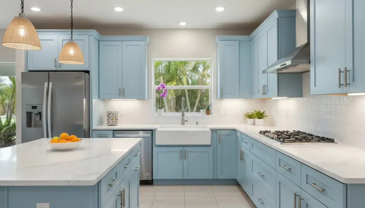 Refinished kitchen cabinets in Cape Coral FL with smooth modern finish by commercial painting experts