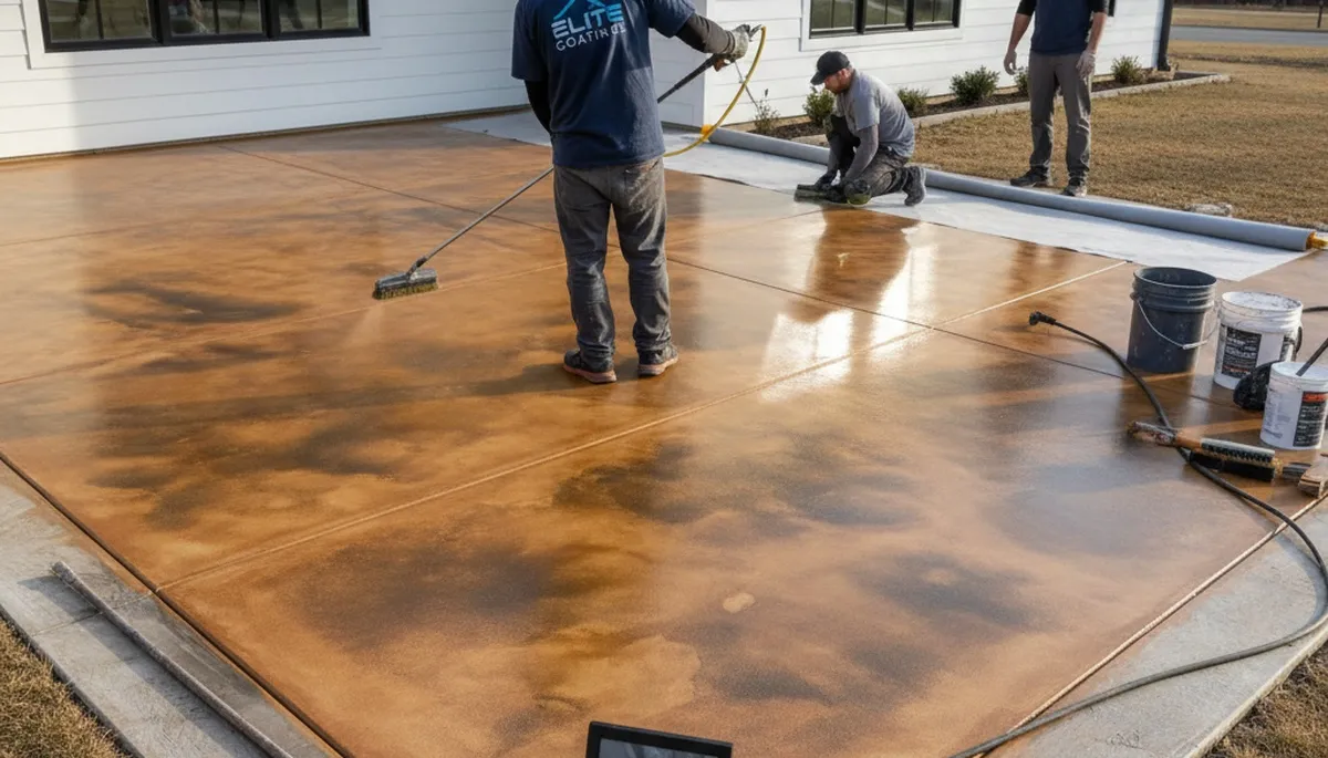 Professional concrete staining on residential patio in Cape Coral FL for durable floor protection