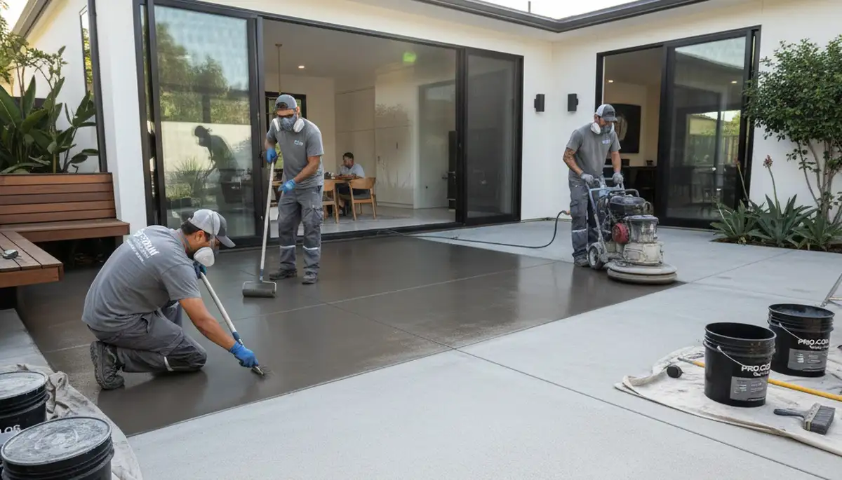 Professional concrete staining on residential patio in Cape Coral, FL by local house painting experts