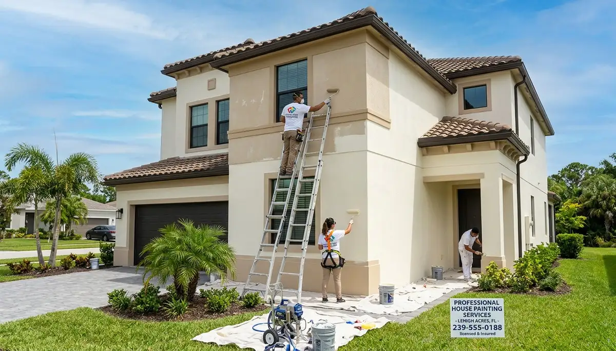 Professional house painters finishing exterior home in Cape Coral FL