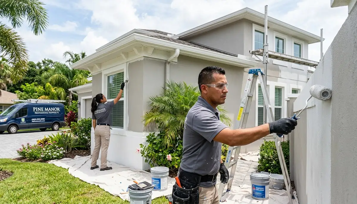 Professional house painters working on an exterior home repaint in Cape Coral FL