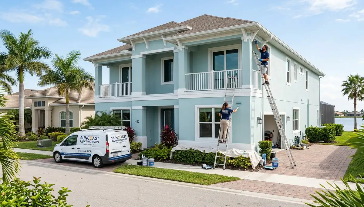 Professional house painters in Cape Coral FL applying exterior paint to a waterfront home