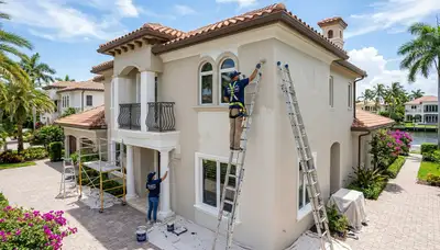 Professional house painters in Cape Coral FL applying exterior paint to a coastal home