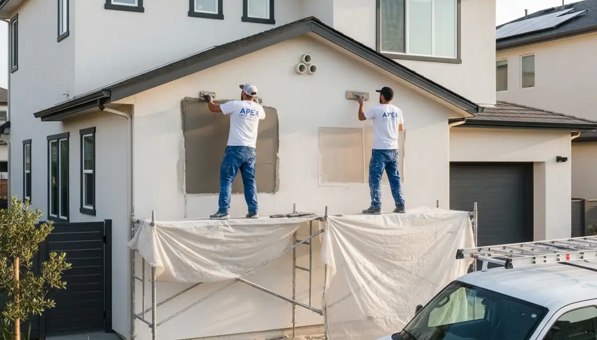 Stucco repair contractors restoring home exterior in Cape Coral, FL for paintingcapecoralfl.com