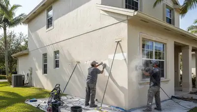 Painter sanding exterior wall for new coating during surface prep in Cape Coral, FL